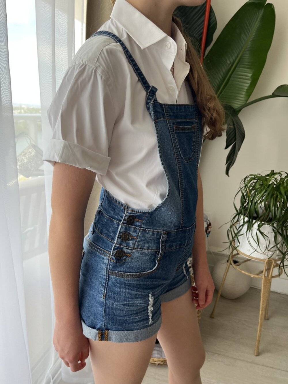 Girls Denim Overall Shorts | Distressed Bib Shortalls | Adjustable Straps